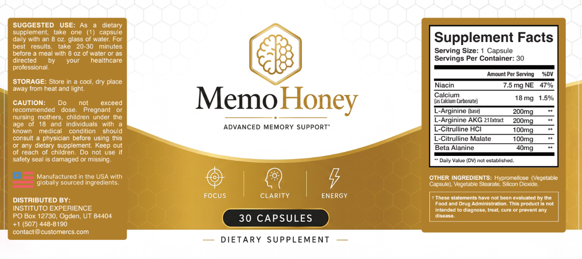 MemoHoney Supplement Facts label: Potato Amino Acid Compounds, Amino Acid Blend and Chicory Root Compound