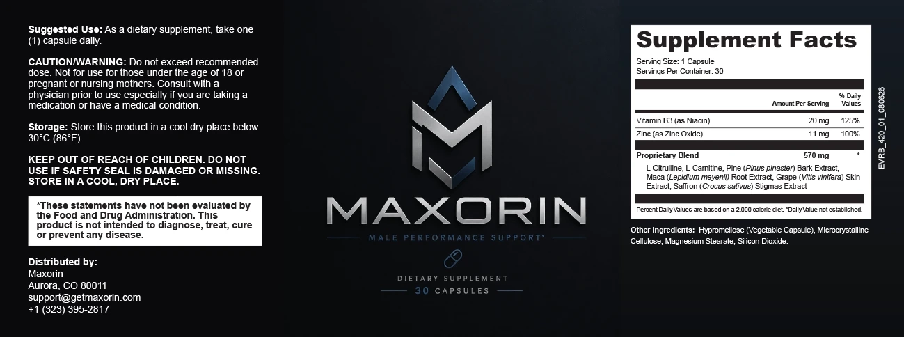 Maxorin Supplement Facts label: L-Citrulline and L-Carnitine, Performance Blend and Pine Bark Extract